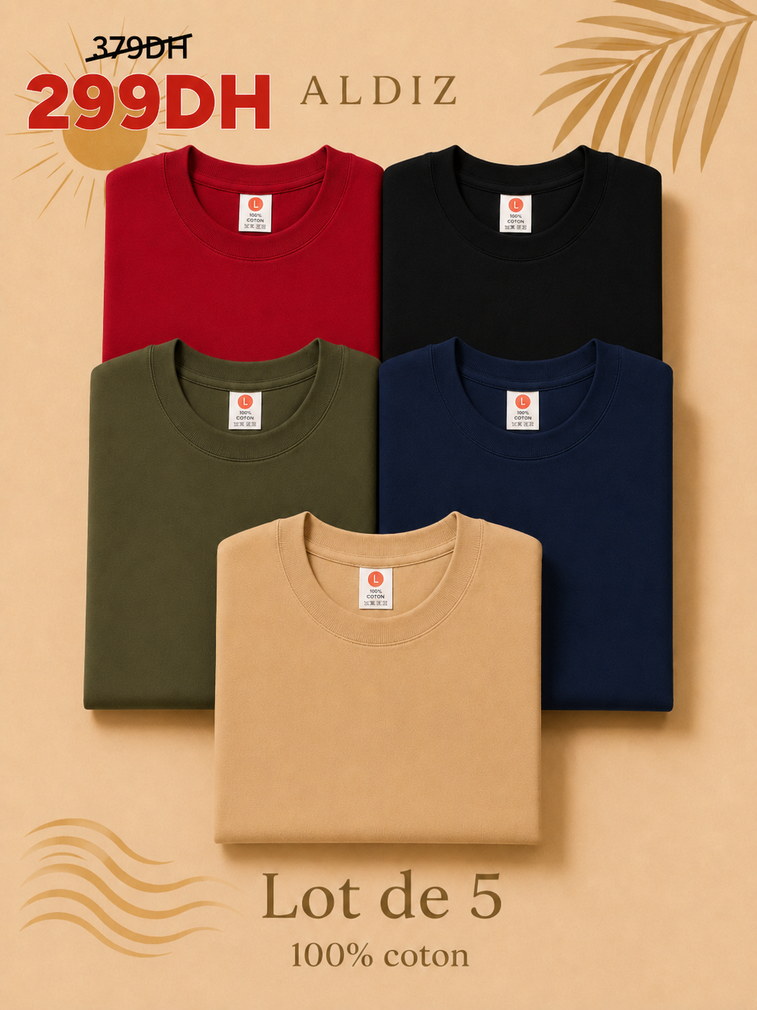 Lot de 5 T-Shirts Homme 100% Coton – Pack Premium ALDIZ Couleurs Essentielles