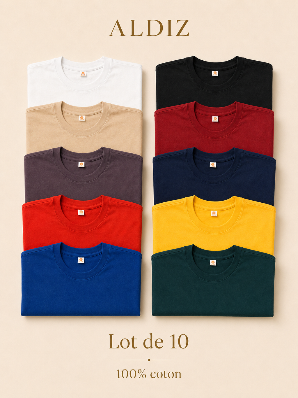 Lot de 10 T-Shirts Homme 100% Coton – Pack Premium ALDIZ Couleurs Variées