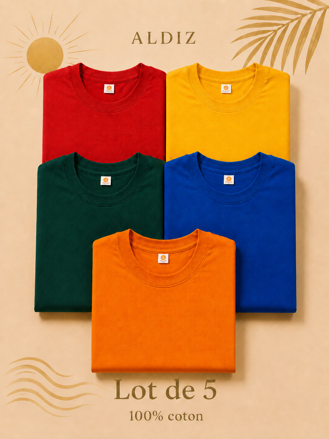 Lot de 5 T-Shirts Homme 100% Coton – Pack Été Couleurs Vives ALDIZ